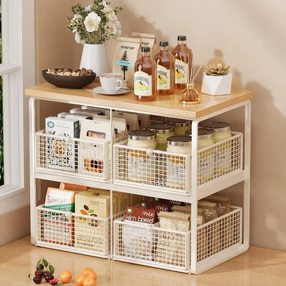 Multi-Layer Metal Storage Rack Solid Wood Space-Saving Countertop Storage Rack with Drawer Kitchen Mesh Shelves