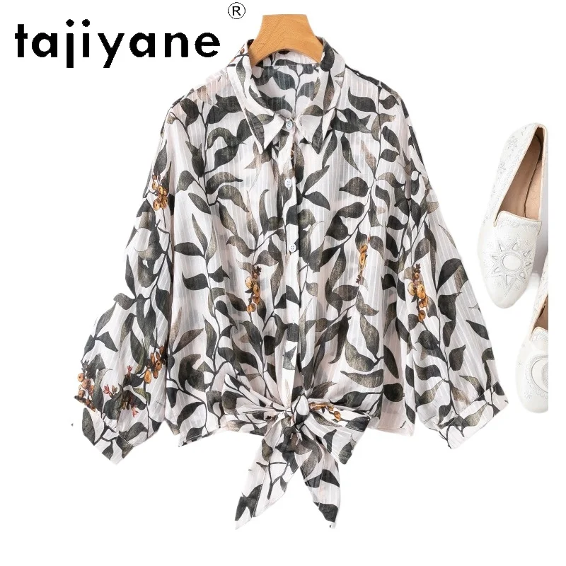 

TAJIYANE 50% шелк тутового шелкопряда 50% хлопок, женские блузки, модные короткие рубашки с принтом, весенние топы с завязками, новая женская одежда 2026