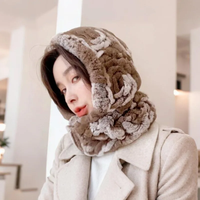 Women's Real Rex Rabbit Fur Hood Scarf Glamorous Voluminous Fur Hood Scarf Hat Fashion Eye‑Catching Keep Warm Fur Hood Scarf