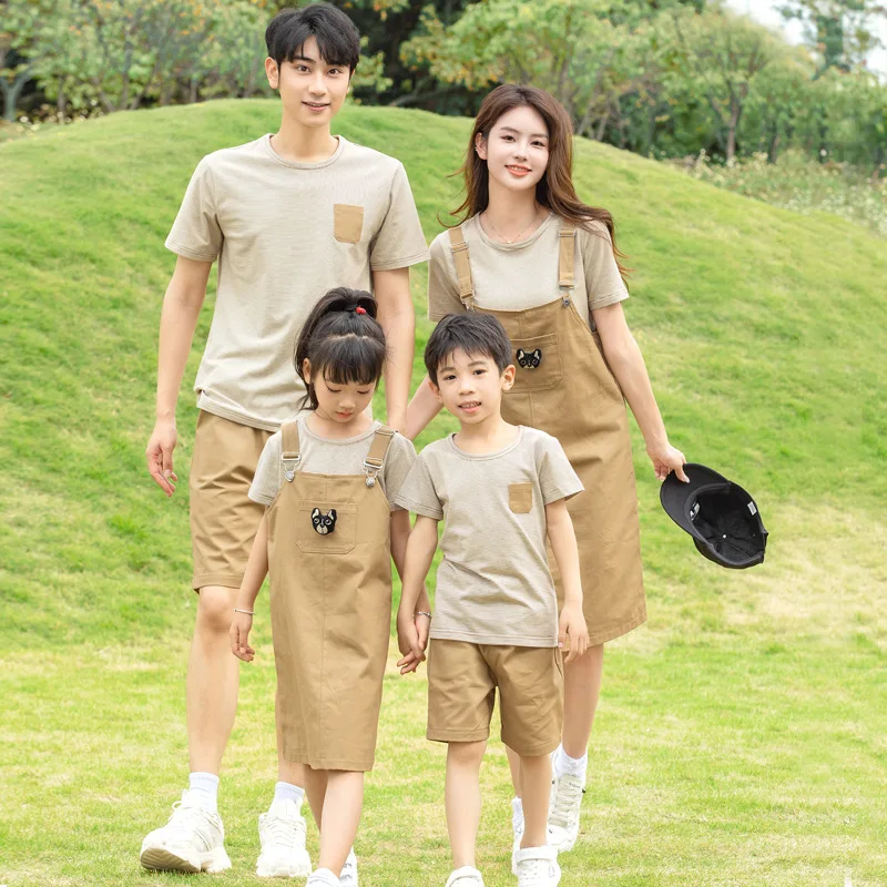 Mother and Daughter Matching T Shirt Suspenders Dress Two Piece Sets Mom Girl Sleeveless Dresses Sets Dad Son Outfits for Family