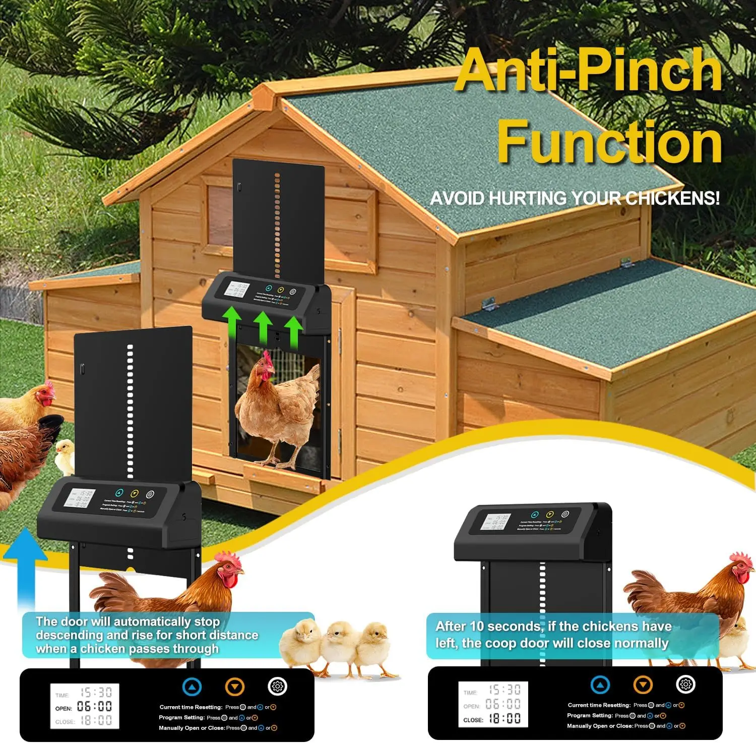 Battery powered automatic chicken coop door, timed opening and closing, anti pinch protection, easy to operate