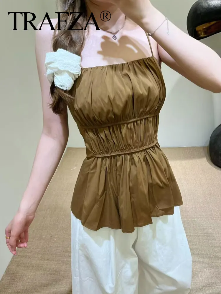 

TRAFZA Women's Summer Fashion Pleated Thin Suspender Tops Solid Color Slash Neck Lace Up Sleeveless Slim Causal Tank Chic Tops