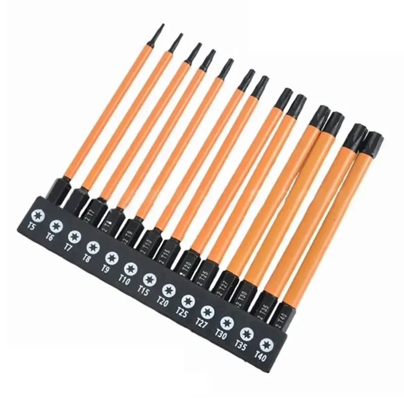 ABLK Juego de 13 puntas destornillador Torx acero S2 con fosfatado magnético, puntas sólidas estrella seis puntas T5