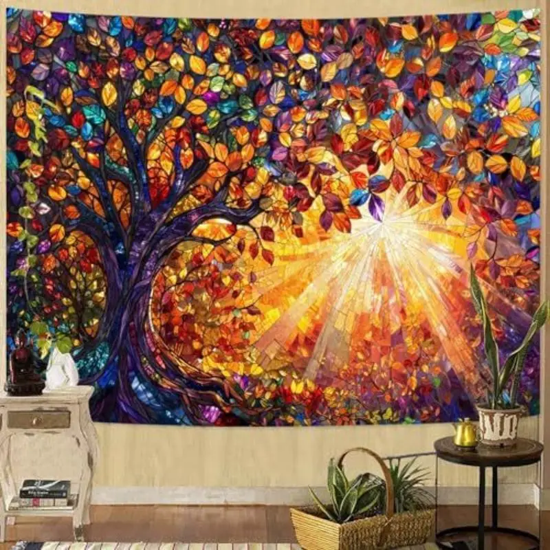 VIKAMA Mystical Tree of Life Sun Moon Wall Tapestry Black Background Colorful Branch Pentagram Eye Geometric Occult Boho Decor