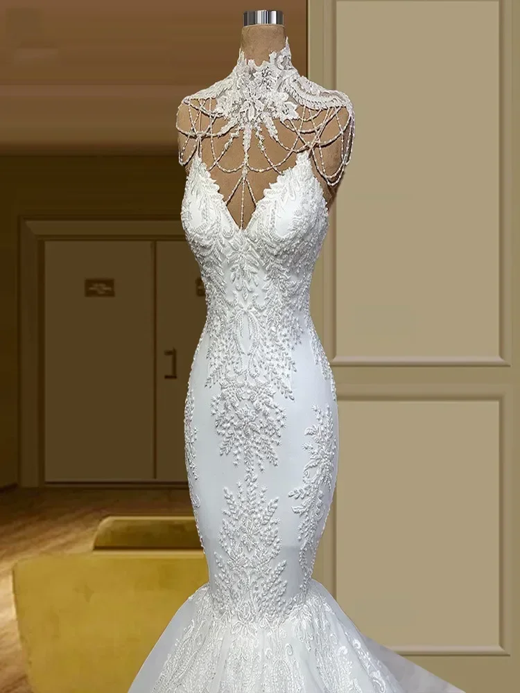 Customized Amazing High Neck Applique Tassels Mermaid Wedding Dress Sleeveless Country Style Plus Size   De Noiva