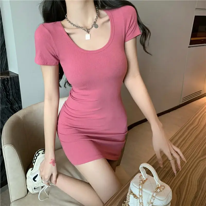 Pure Lust Sexy Tight Short Dresses Women Summer Solid Color Package Hip Slim Short Sleeves Mini Dress All-match Hot Girl Vestido