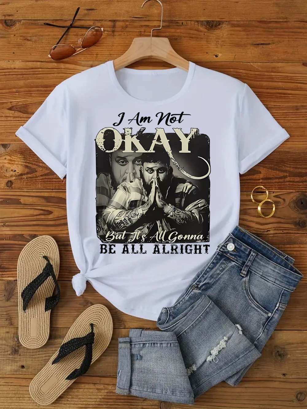 Women's Fashionable Casual Trendy Letter Portrait Hands Praying Hands Round Neck Short Sleeve T-Shirt  harajuku vintage t shirt