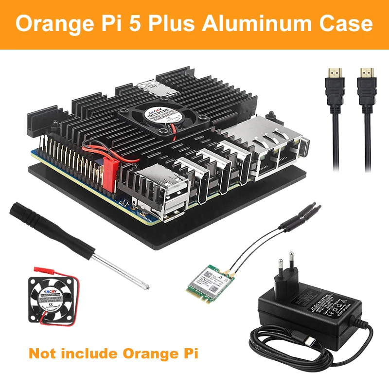 Orange Pi 5 Plus เคสอลูมิเนียม Active Passive Cooling พร้อมพัดลมระบายความร้อนซิลิโคนอุปกรณ์เสริม WiFi และ BT Power Supply สําหรับ OPI5 Plus