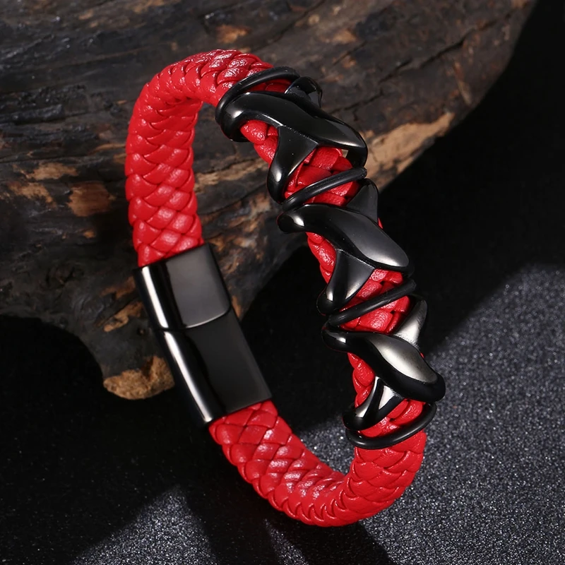 

Fashion Black Woven Leather Inlaid Cross Magnetic Hidden Safety Buckle Business Casual Gift Men Bracelet BB1331