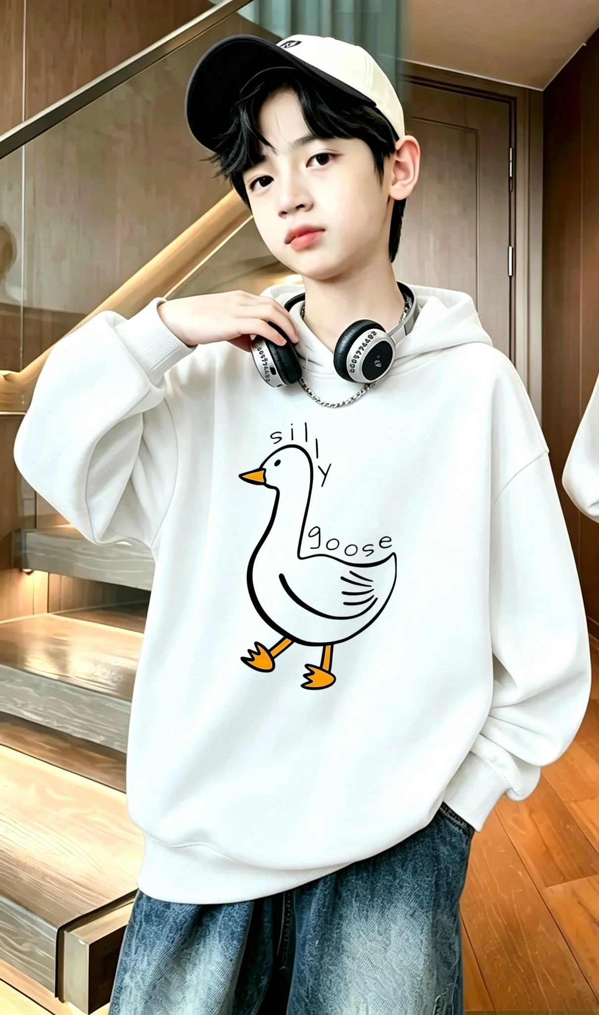 Y2K cartoon duck pattern hooded casual warm pullover hoodie, children's loose-fitting hooded sweatshirt