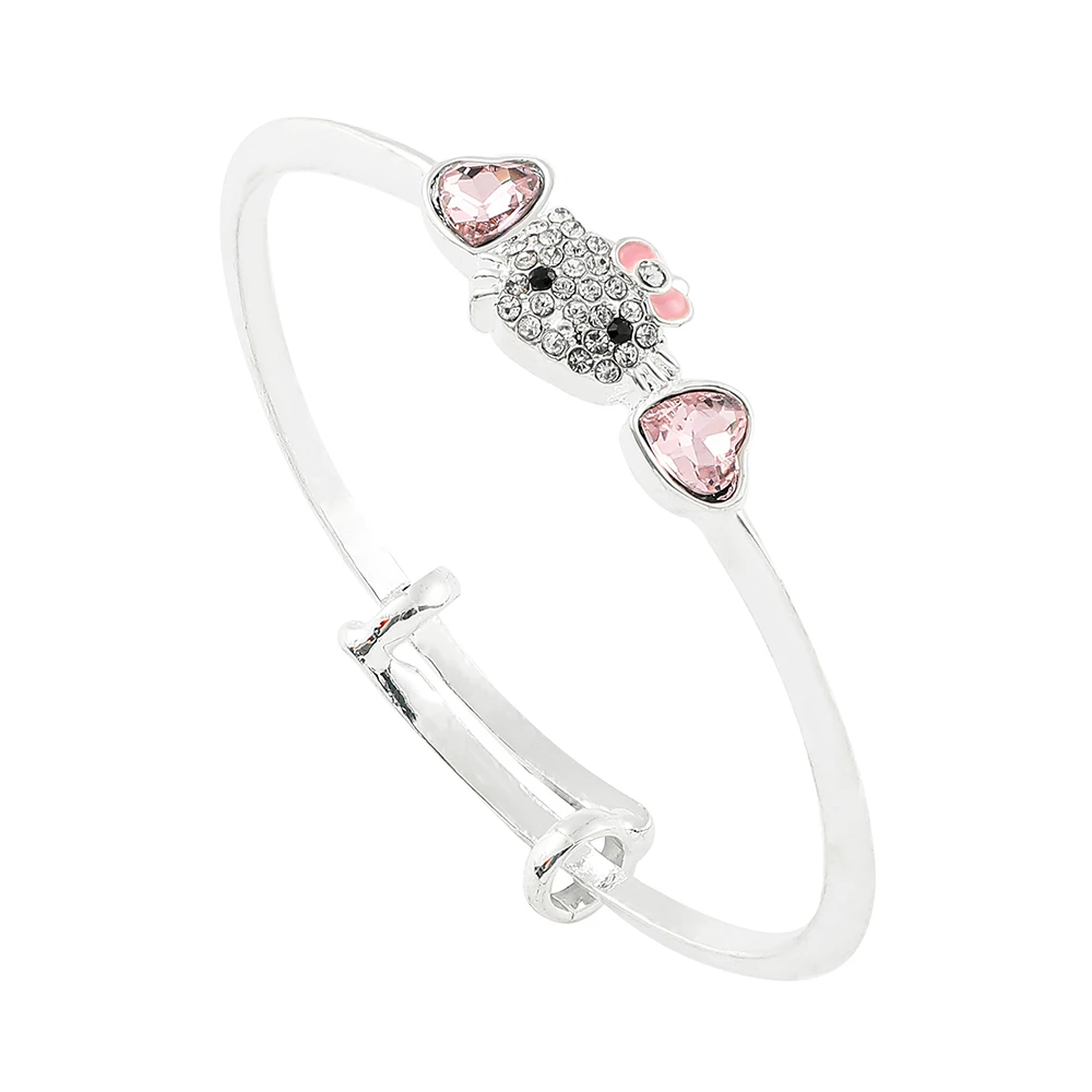 Lindo Brazalete de Cristal con Diseño de Hello Kitty, Aleación de Zinc con Cabeza de Gatita con Pedrería Brillante, Pulsera Ajustable en Tono Plateado