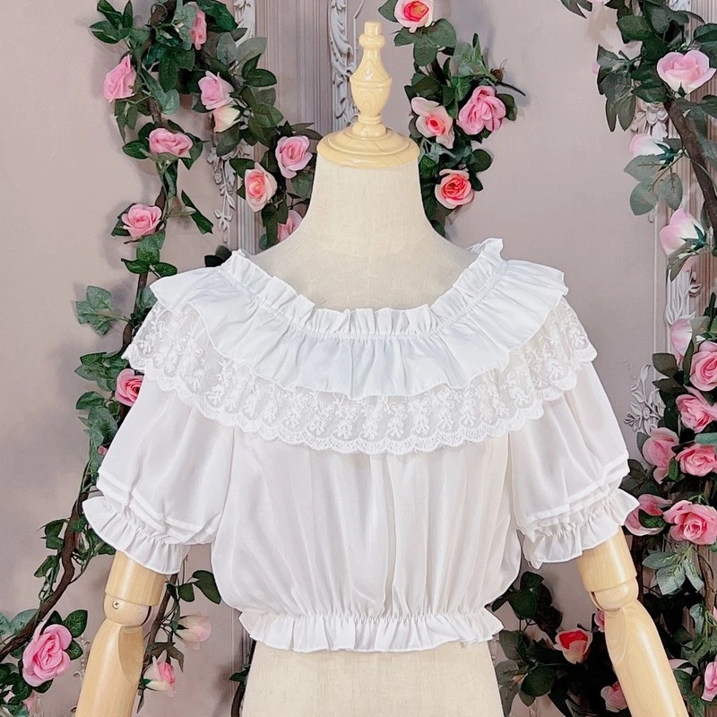 Sweet Lolita Blouses Women Cute Lace Ruffles Undershirt Short Sleeve Off Shoulder Girls Shirt Chiffon Crop Top Chic Loli Clothes