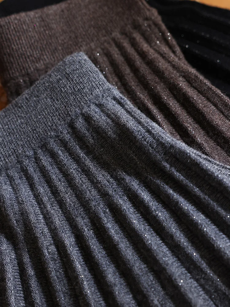 تنورة نسائية جديدة من TLOML بطيات على شكل حرف a 100% من صوف ميرينو متماسكة من الحرير اللامع تنورة صغيرة للخريف والشتاء على طراز Preppy فوق الركبة #5