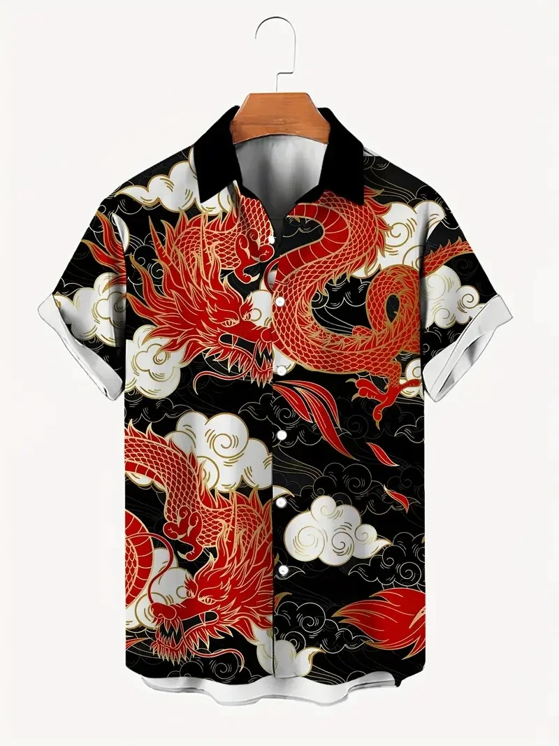 Chinese dragon pattern print short sleeve lapel shirt tops, men\'s casual button down fashion shirts for daily and resort beach p