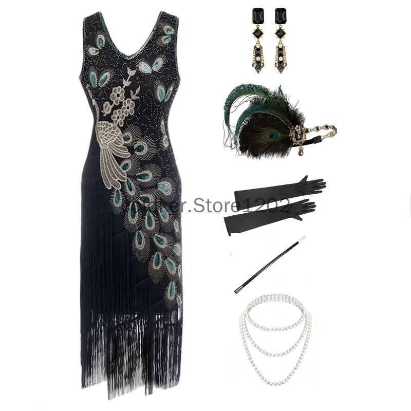 1920s Flapper Dress Peacock Sequin Fringed Gatsby Costume with Accessories Set for Women Sequin Fringe Party Dress - view 3