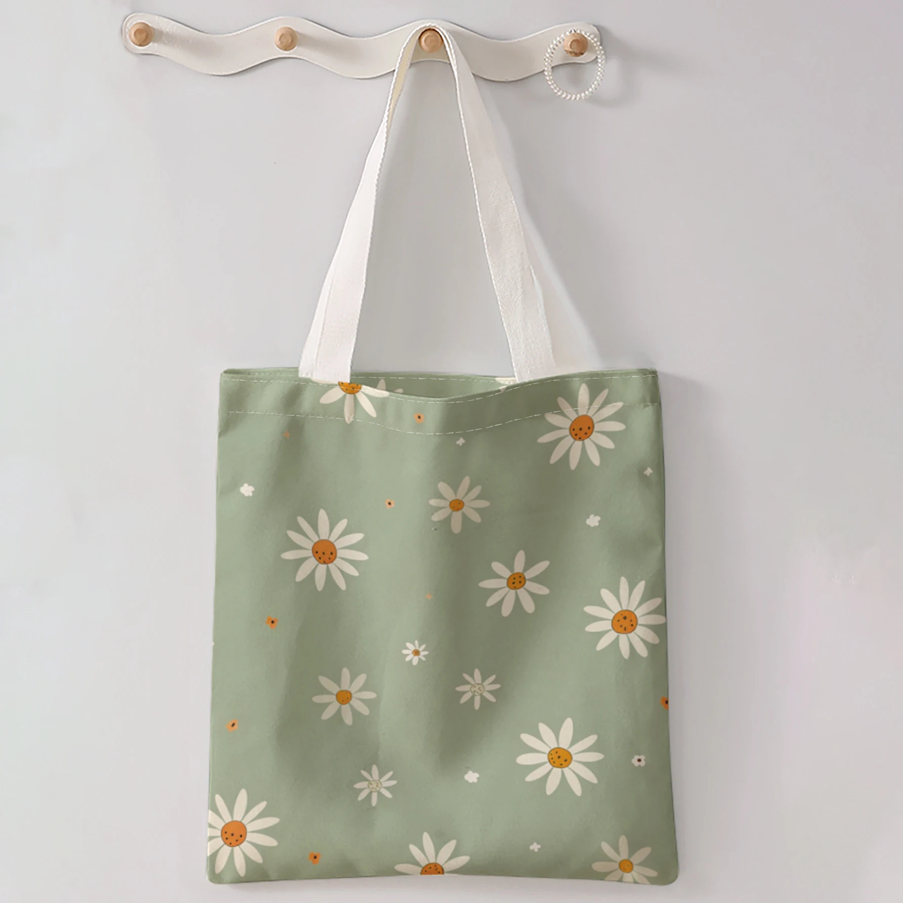 Light Green Daisy Floral Print Tote Bag Large Capacity Shoulder Bag For Shopping Travel Daily Use