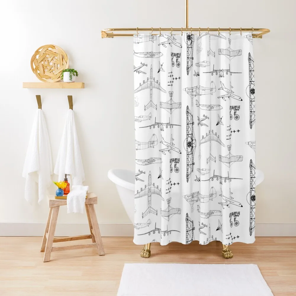 

Airplanes Blueprint Style Shower Curtain Bathroom Accessory Waterproof Fabric Shower Shower Waterproof Bathroom Curtain