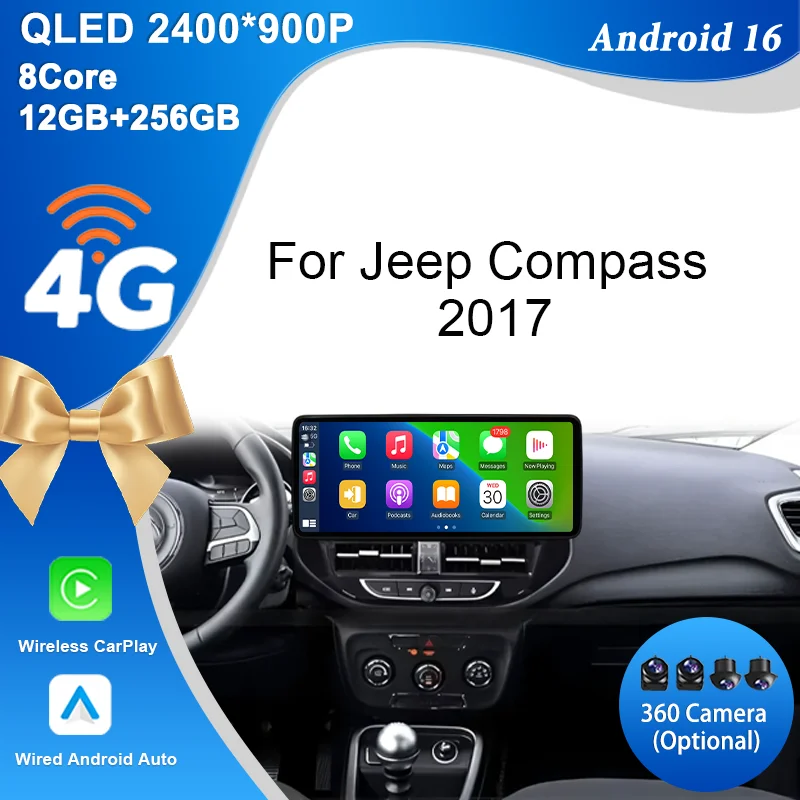 Radio Multimedia para Auto Android 16 de 12.3 Pulgadas para Jeep Compass 2017, Reproductor con GPS, Navegación, Bluetooth, WiFi, Pantalla Táctil IPS, DSP, Full HD, QLED