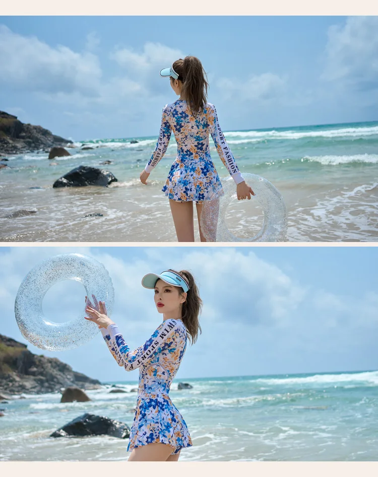 2023 Newest Women One Piece Swimsuit Floral Print Long Sleeves Surfing Suit Zipper Padded Sports Wear Beach Suit Swim Dress