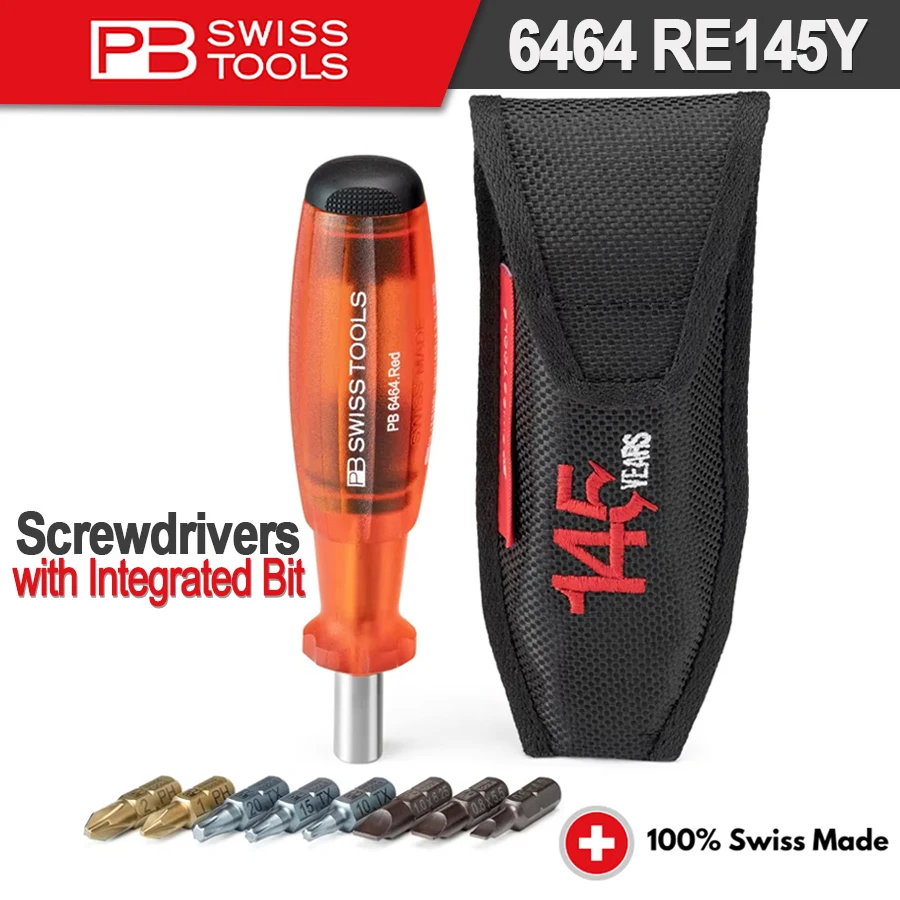 PB SWISS TOOLS Screwdriver with Integrated Bit 8 Precision Bits C6 Suitable for Phillips and Slottded Screws NO.6464 RE145Y