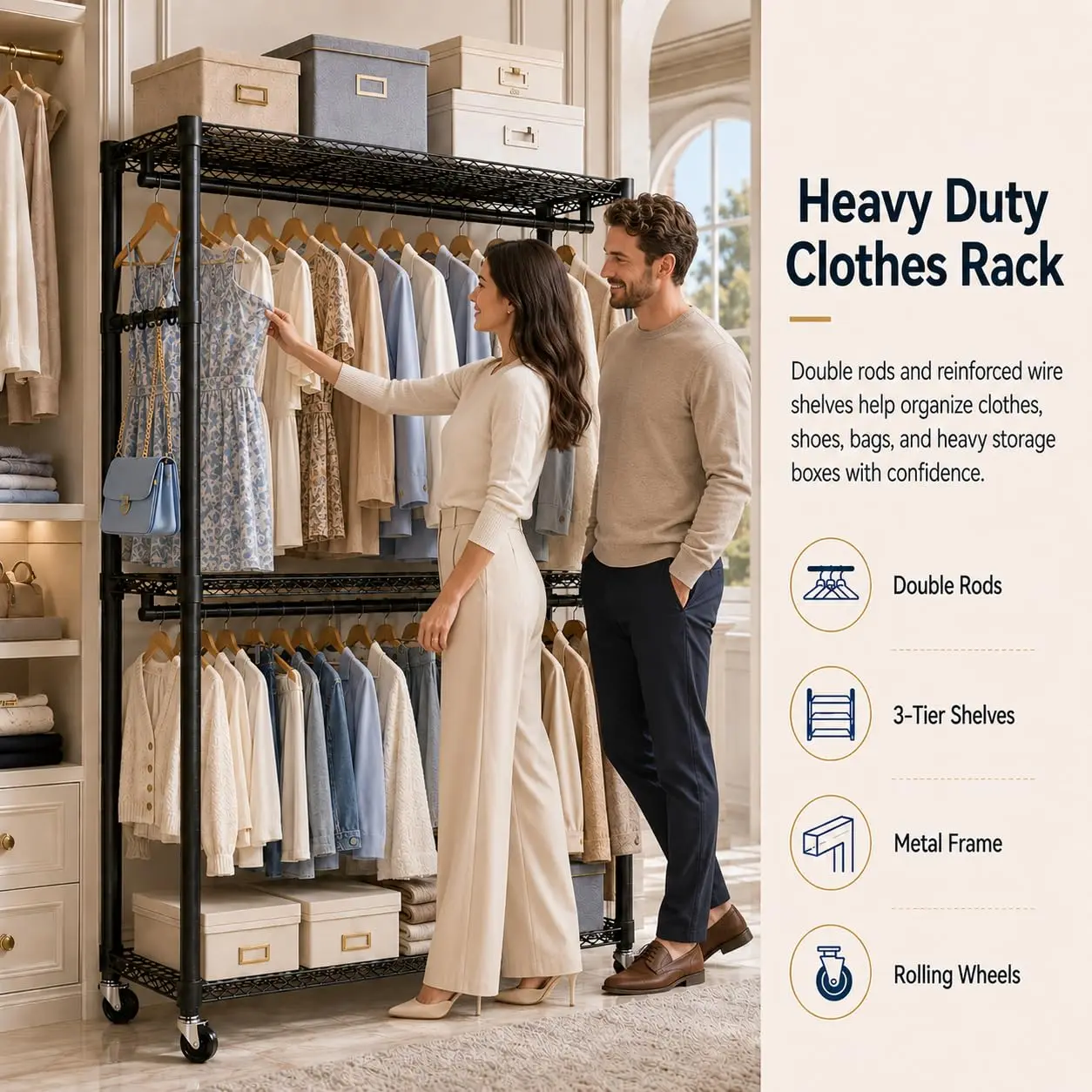 Heavy Duty 3-Tier Rolling Garment Rack With Double Rods & Adjustable Shelves, Metal Clothes Rack 400 Lbs 43x18x81