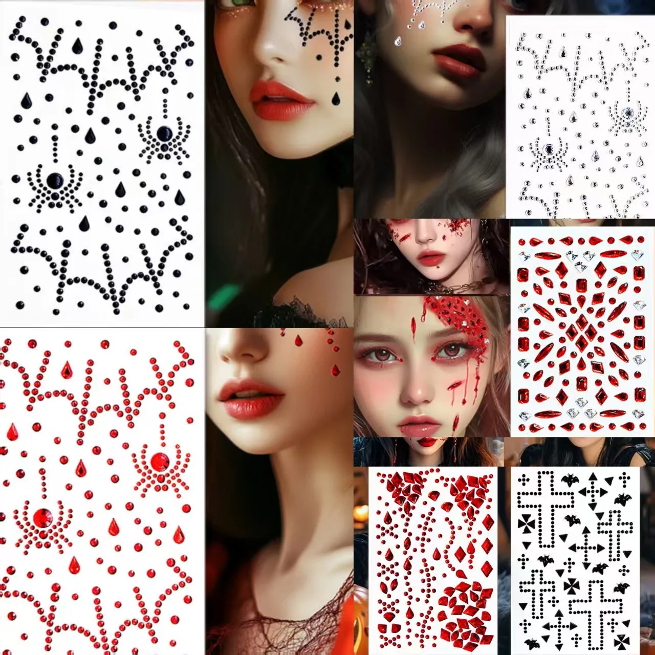 

Scary Halloween Face Stickers Red Black Diamond Gems for Cos Fake Blood Scar Wound Makeup Self Adhesive Decoration