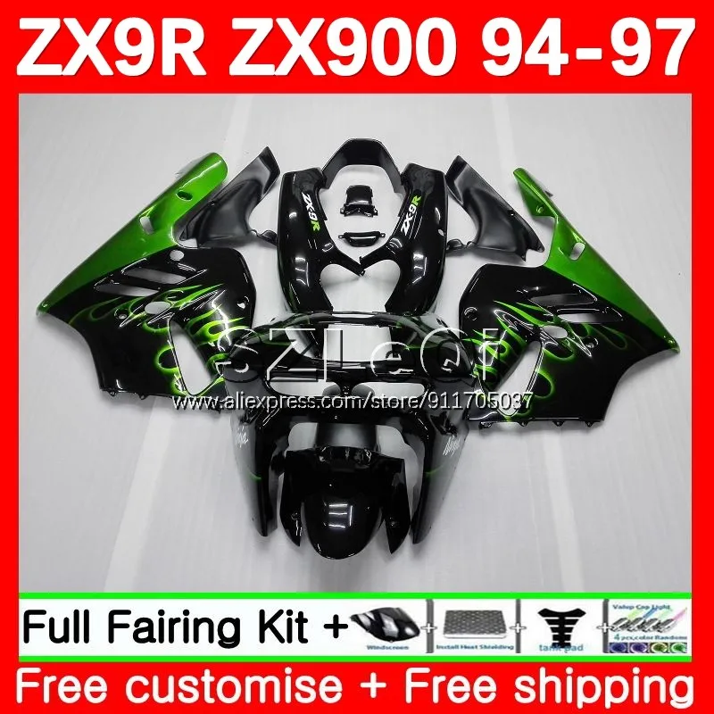 Body + Decal For KAWASAKI NINJA ZX 9R 900 Green flames CC 9 R ZX9R 94 95 96 97 104No.3 ZX900 ZX-9R 1994 1995 1996 1997 Fairing