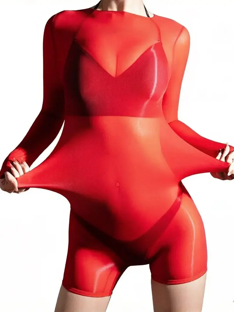 

Women's Long Sleeve Playsuit High Elastic Oil Shiny Sheer Tights Shaping Wear Slip Woman Boxer Shorts Bodysuit Tops Leotard