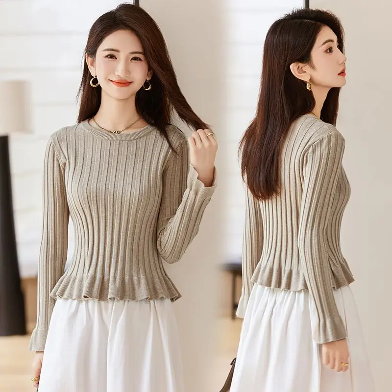 

Korean Sweet Ruffles Peplum Sweater Women Autumn Winter Short Style Knitted Pullovers Sweaters Flare Long Sleeve Knitwear Tops