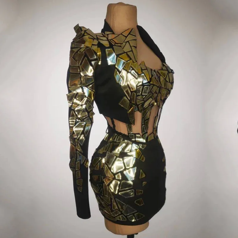 Ночной клуб, бар, певица, зеркальные костюмы, золотое и серебряное короткое платье, женское платье для танцоров Gogo Drag Queen, сценическое вечернее платье