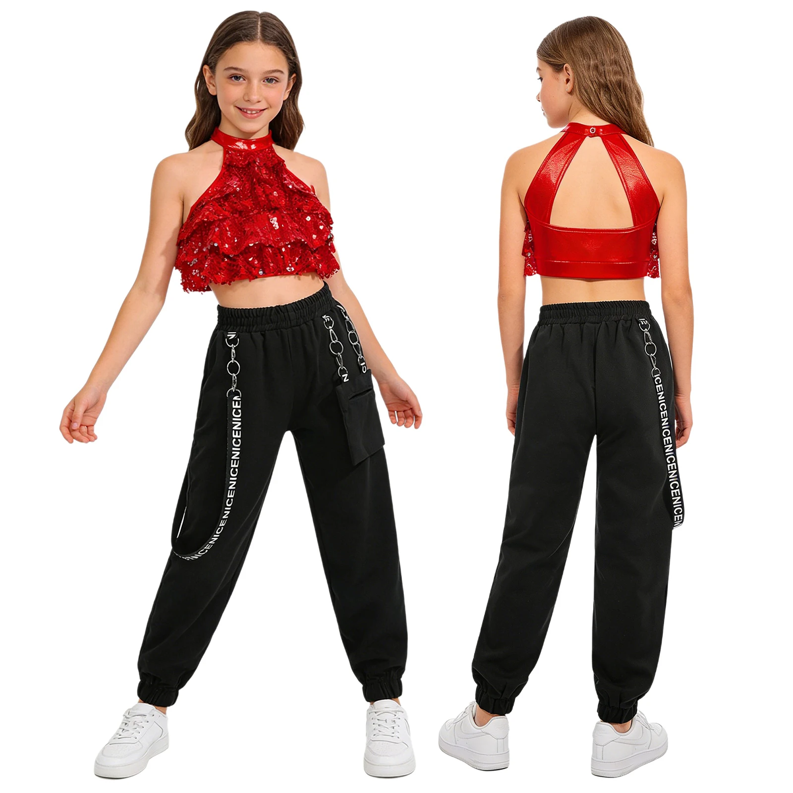 

Kids Girls Shiny Sequin Backless Crop Top with Metal Chain Pocket Pants Modern Jazz Hip Hop Street Dance Performance Costume
