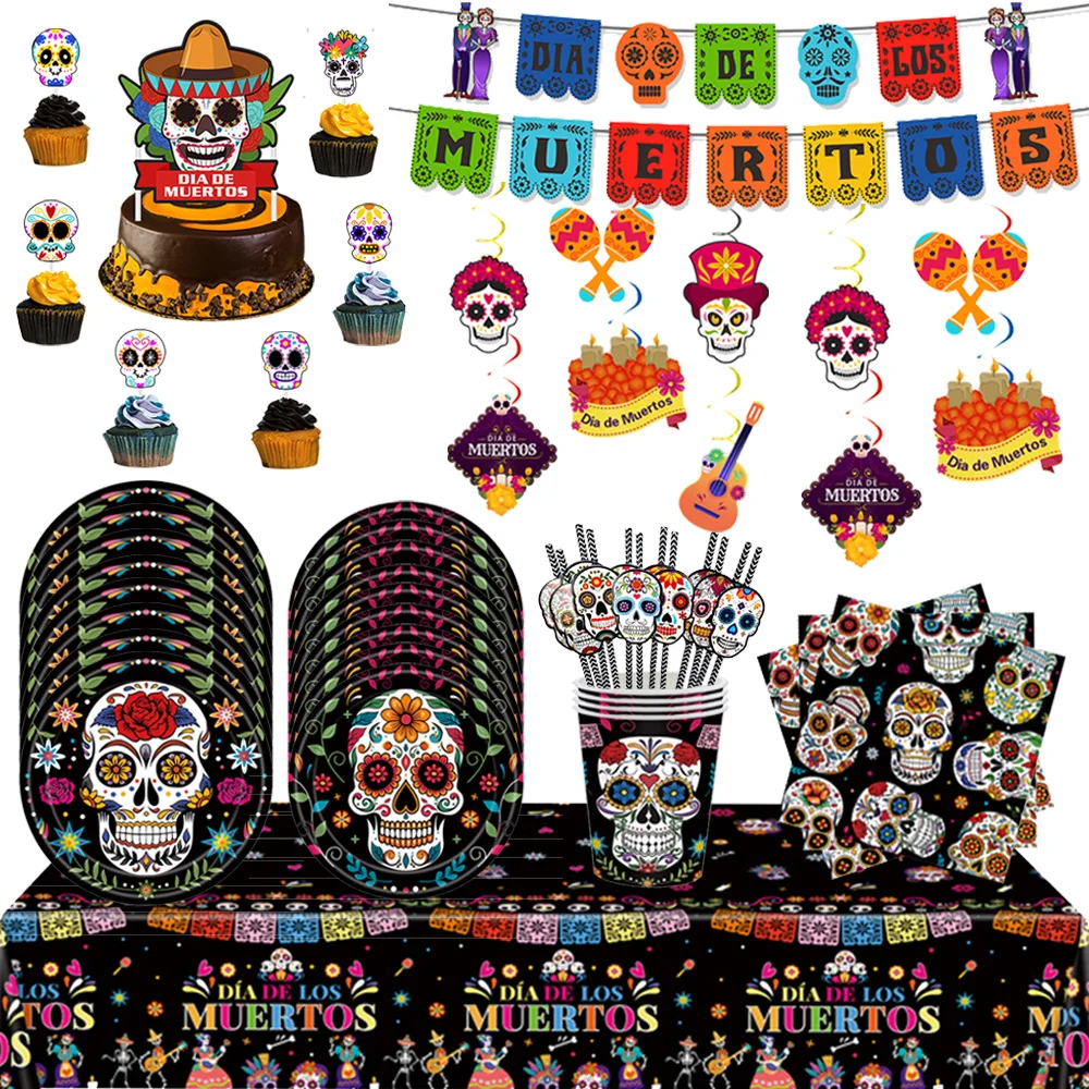 Mexican Day of the Dead Colorful Skull Disposable Tableware Plates Cups Napkins Banner Halloween Party Table Decoration Supplies