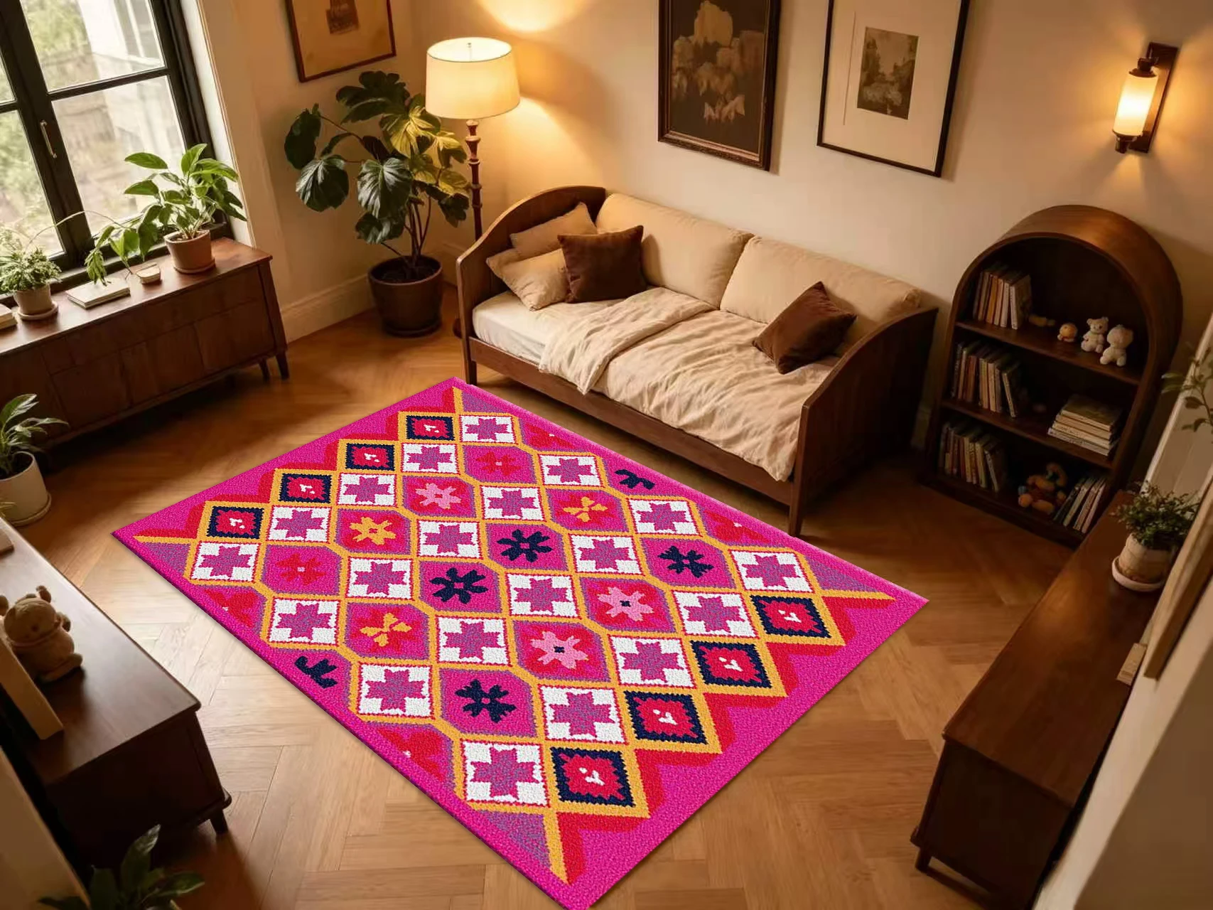 Bright Pink Boho Geometric Carpet Flooring, Ethnic Tribal Pattern Non-Slip Area Rug for Living Room Bedroom Home Floor Mat