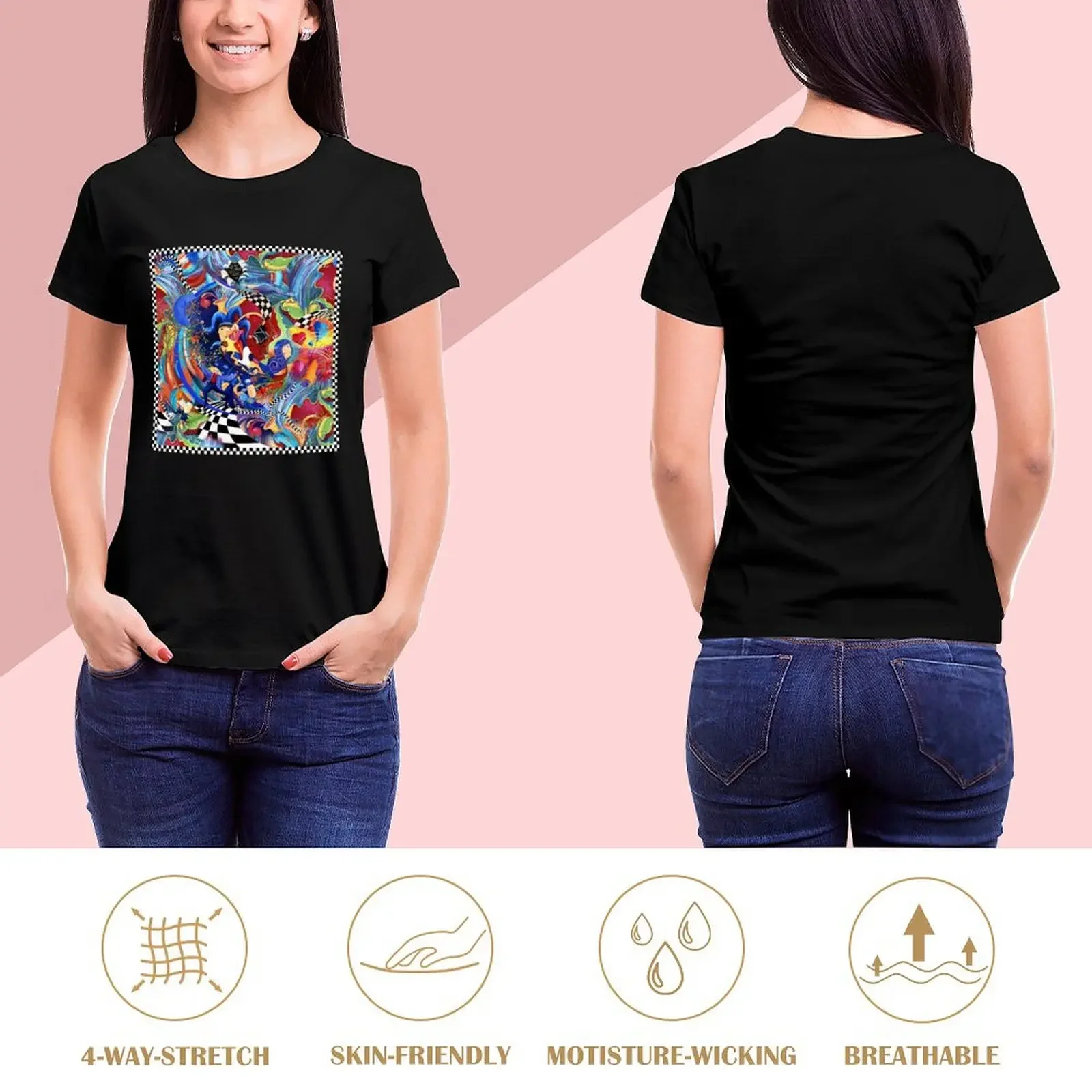 She Wears Her Mind. Whimsical Woman Artist, Jester, Harlequin, Colorful T-Shirt customs vintage korean fashion woman t shirt