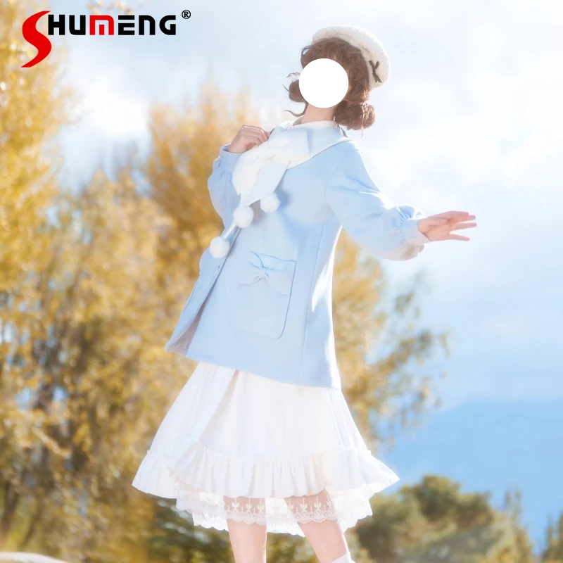 

Japanese Rojita Design Blue Lantern Sleeves Single-breasted Chaquetas Autumn Winter Warm Single-Breasted Loose Wool Coat Jacket