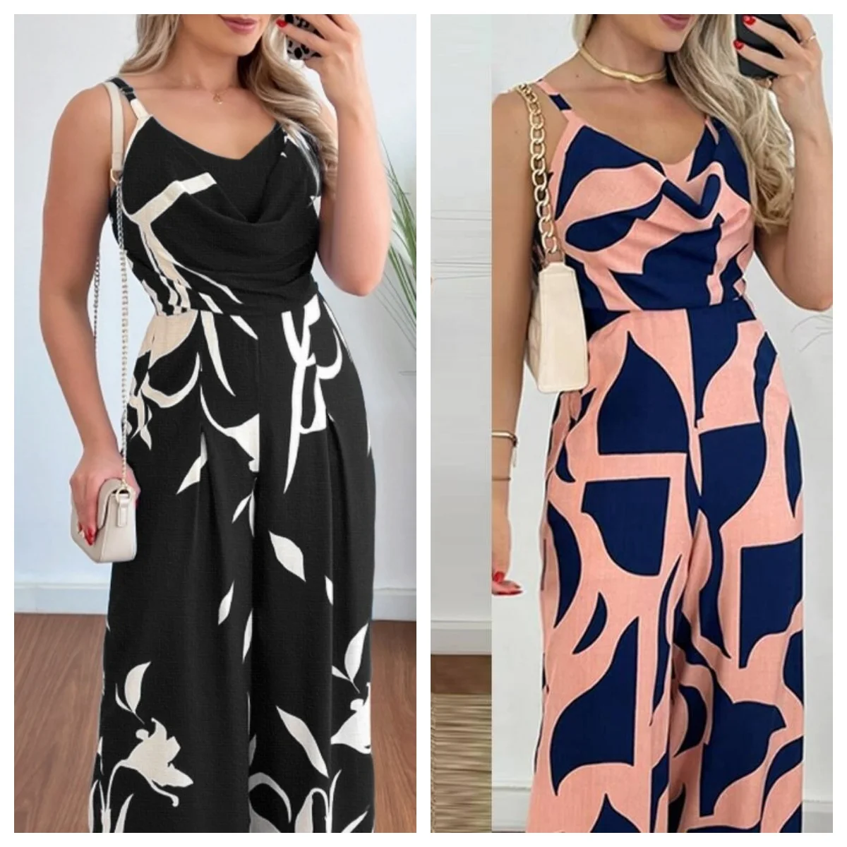 

Casual Overall Spaghetti Strap Pocket All Over Print Swing Collar Sleeveless Allover Print High Waist Wide Leg Loose Jumpsuit
