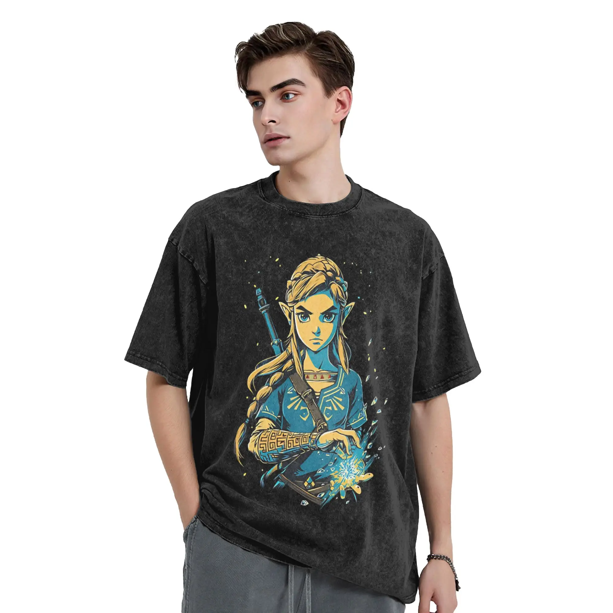 Zeldas Legend Link Washed T Shirts Streetwear Retro T-Shirt Game Anime Tee Shirt Men Women Short Sleeve Street Printed