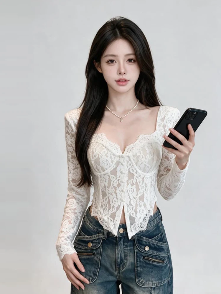 Pure Desire Sexy Long Sleeve Lace Patchwork Fishbone Base Shirt Slimming Top Fixed Chest Pad V-neck T-shirt for Women