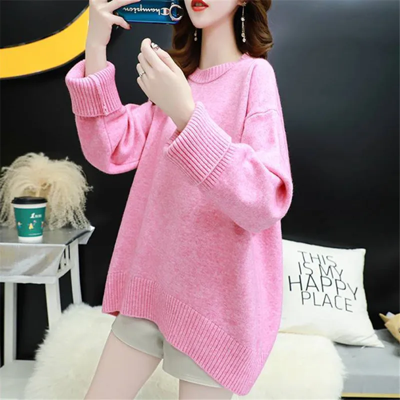 

Spring Autumn New Short Front Long Back Knitted Sweater Women Loose Pullover Jumpers Ladies O-Neck Long Sleeve Knit Tops Female