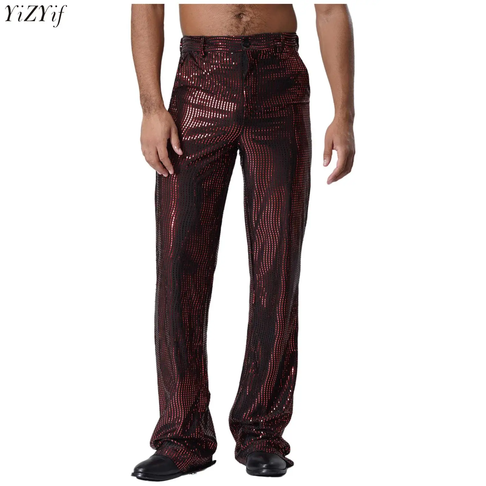 

Mens Sequins Flared Long Pants Allover Glittery Pockets Trousers Pants Retro 70 80s Disco Dance Music Stage Performance Costume