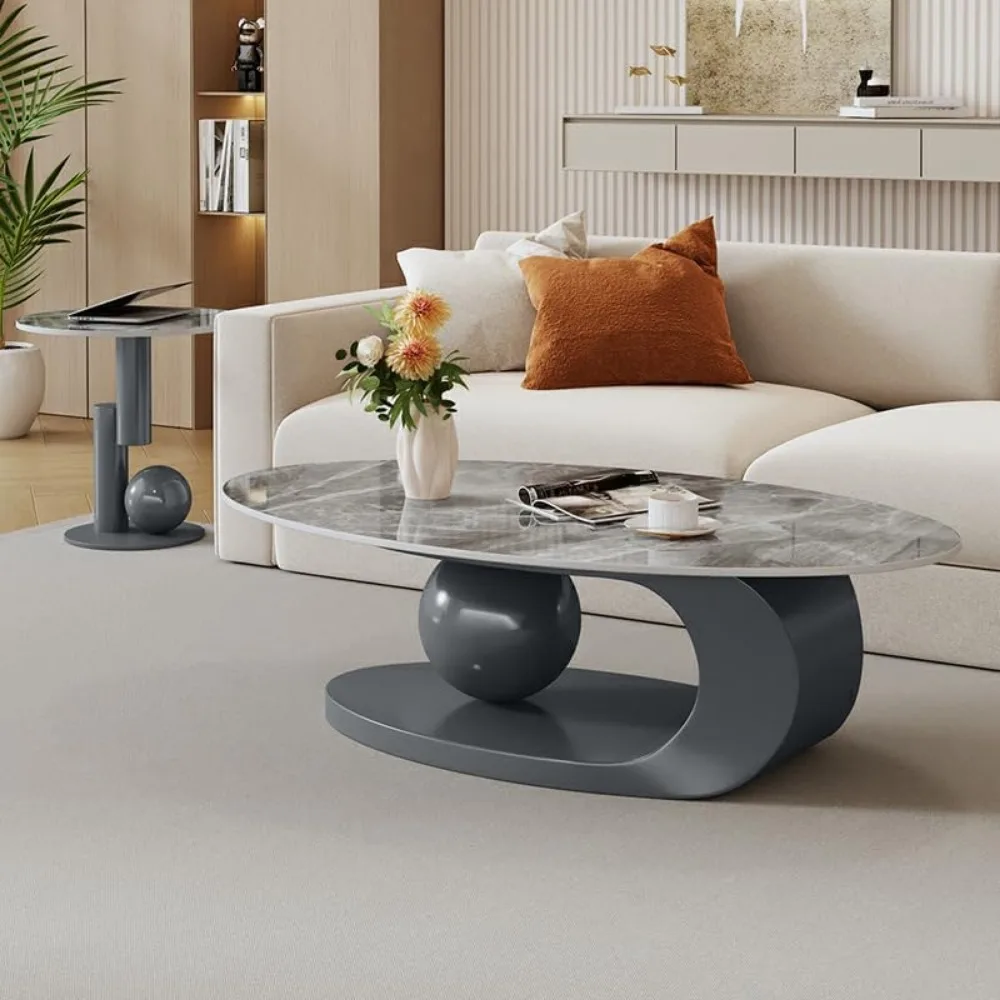 Modern Stone Coffee Table with Abstract Metal Base Living Room Table Center Table for Home Furniture