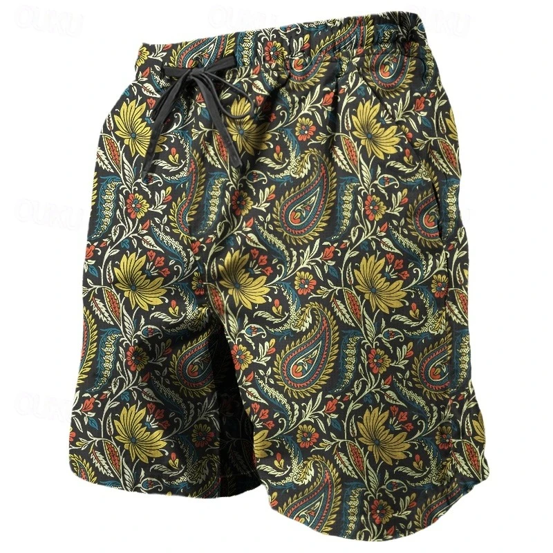 Vintage Paisley flower Beach Shorts For Men Streetwear Personality 3D Print Fashion Drawstring Board Shorts Summer Swim Trunks