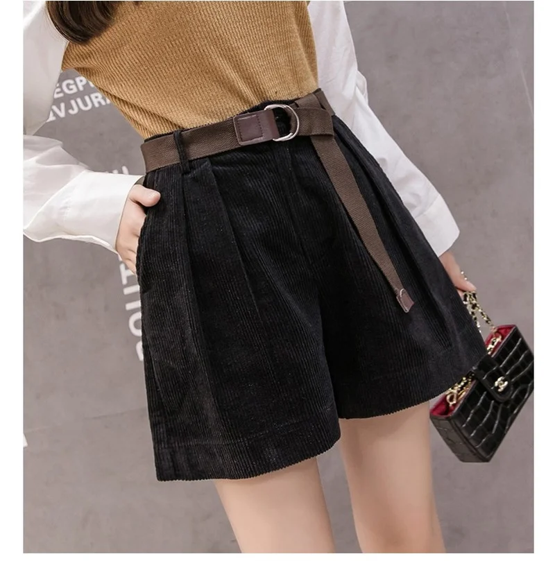 Korean Retro Elastic Waist Loose Casual Short with Belt Corduroy Rolled Wide-leg Short for Women Loose A-line Female Streetwear