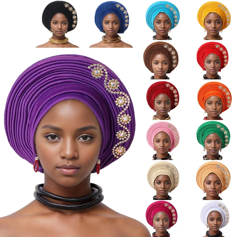 Turban Africain à la Mode avec Diamant pour Femme, Cravate de Sauna, Enveloppes de Tête, Équipement de Mariage Nigérian