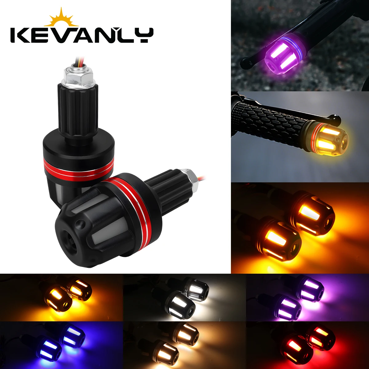 2X Motorcycle LED Circular Stop Light-Emitting Handlebar Cover Universal Aluminum Alloy Motorcycle Handlebar Plug Slider 12V-24V