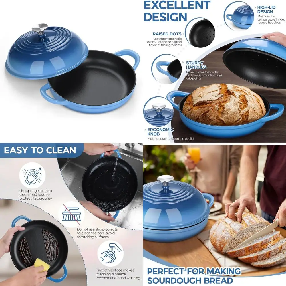 

6 Quart Round Enameled Cast Iron Dutch Oven for Sourdough Bread, Matte Black Interior, Oven-Safe up to 500℉, Ideal for Homemade