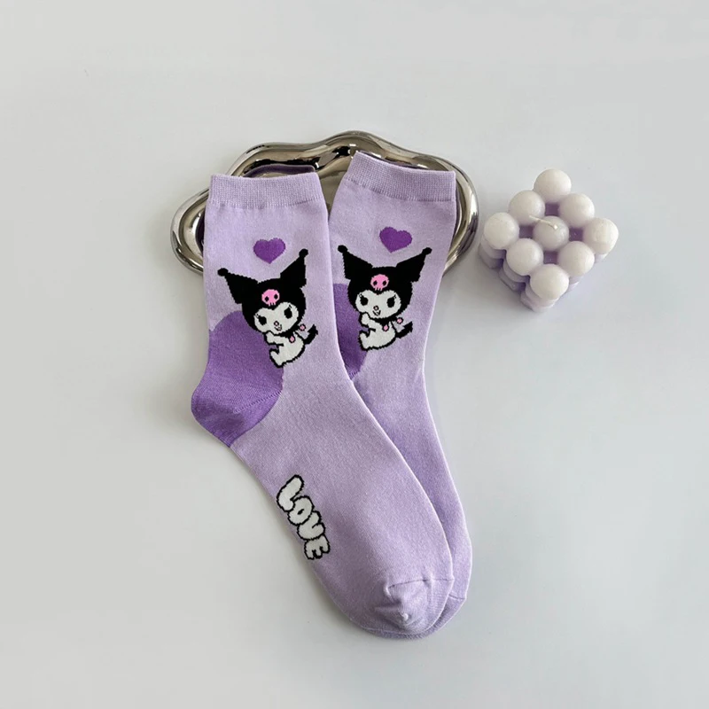 Preciosos calcetines Kuromi Kawaii Sanrio Anime algodón Midtube calcetines femeninos dibujos animados lindos niños media tendencia regalo para niños