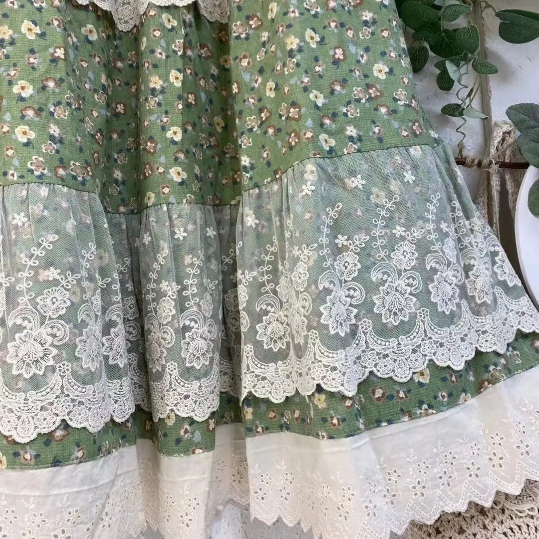 Japanese Sweet Lace Ruffled Mori Girl Pleated Skirt Vintage Cotton Linen Floral Long Skirts Female Elastic Waist Beach Faldas