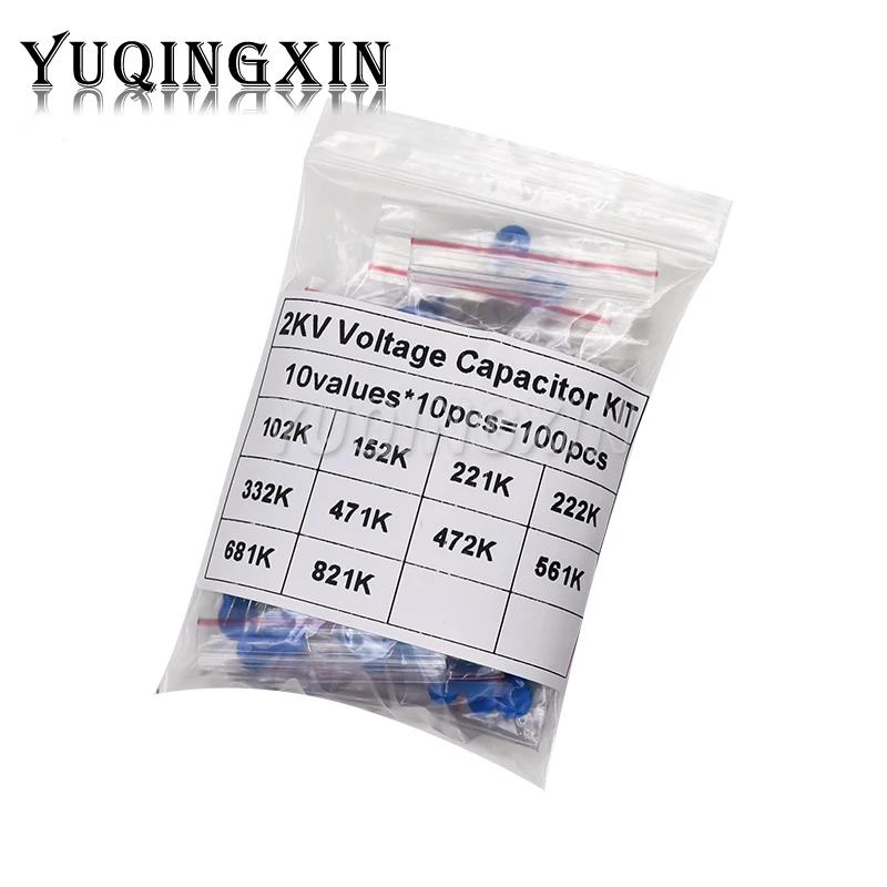 Kit surtido de condensadores cerámicos de alto voltaje, Kit de 100 piezas, 2KV, 102K, 152K, 221K, 222K, 332K, 471K, 472K, 561K, 681K, 821K