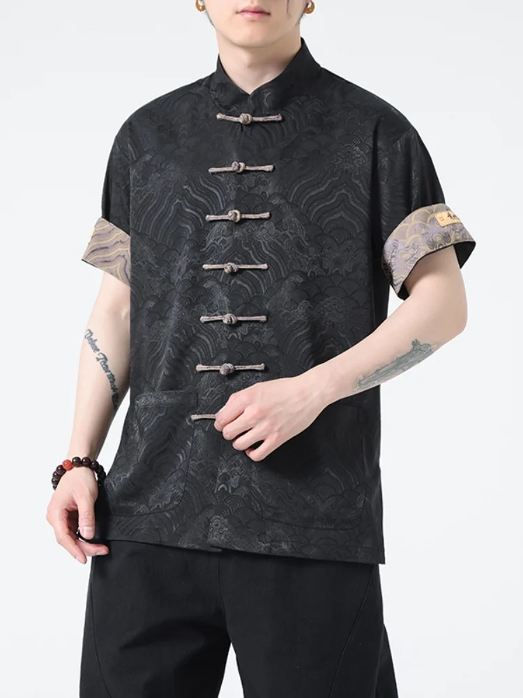 

Новая китайская мужская летняя легкая рубашка с воротником-стойкой на пуговицах, в стиле тан, с коротким рукавом, дышащая, для ношения поверх одежды.